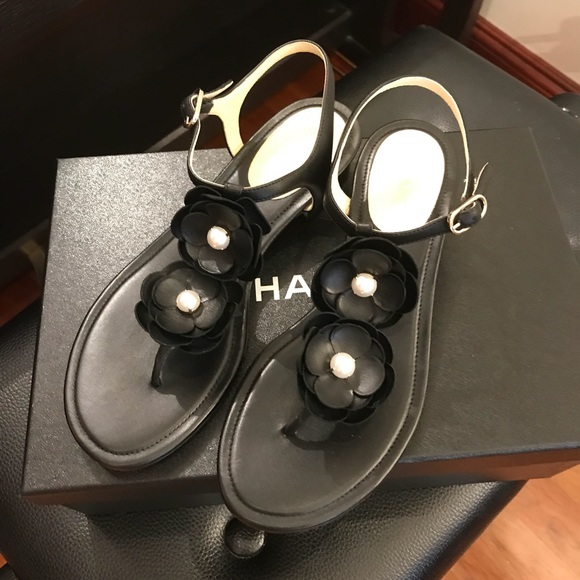CHANEL Shoes - CHANEL Black Camellia Flower W/Pearl Thong Sandals